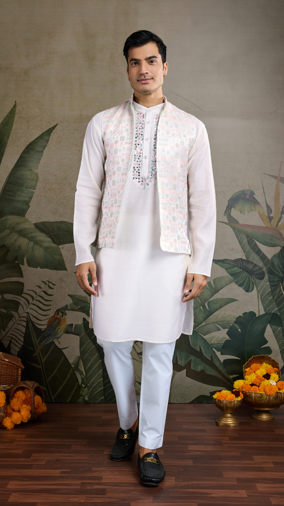 Off-White Roman Silk Kurta with Jacquard Open Koti Set