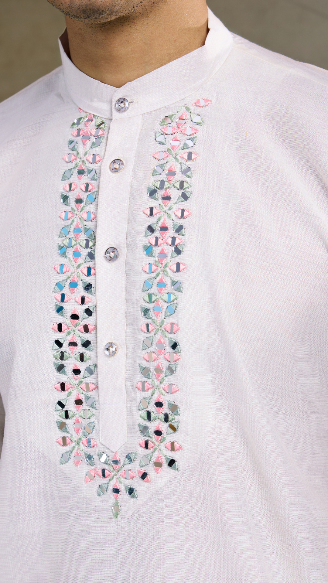 Off-White Roman Silk Kurta with Jacquard Open Koti Set