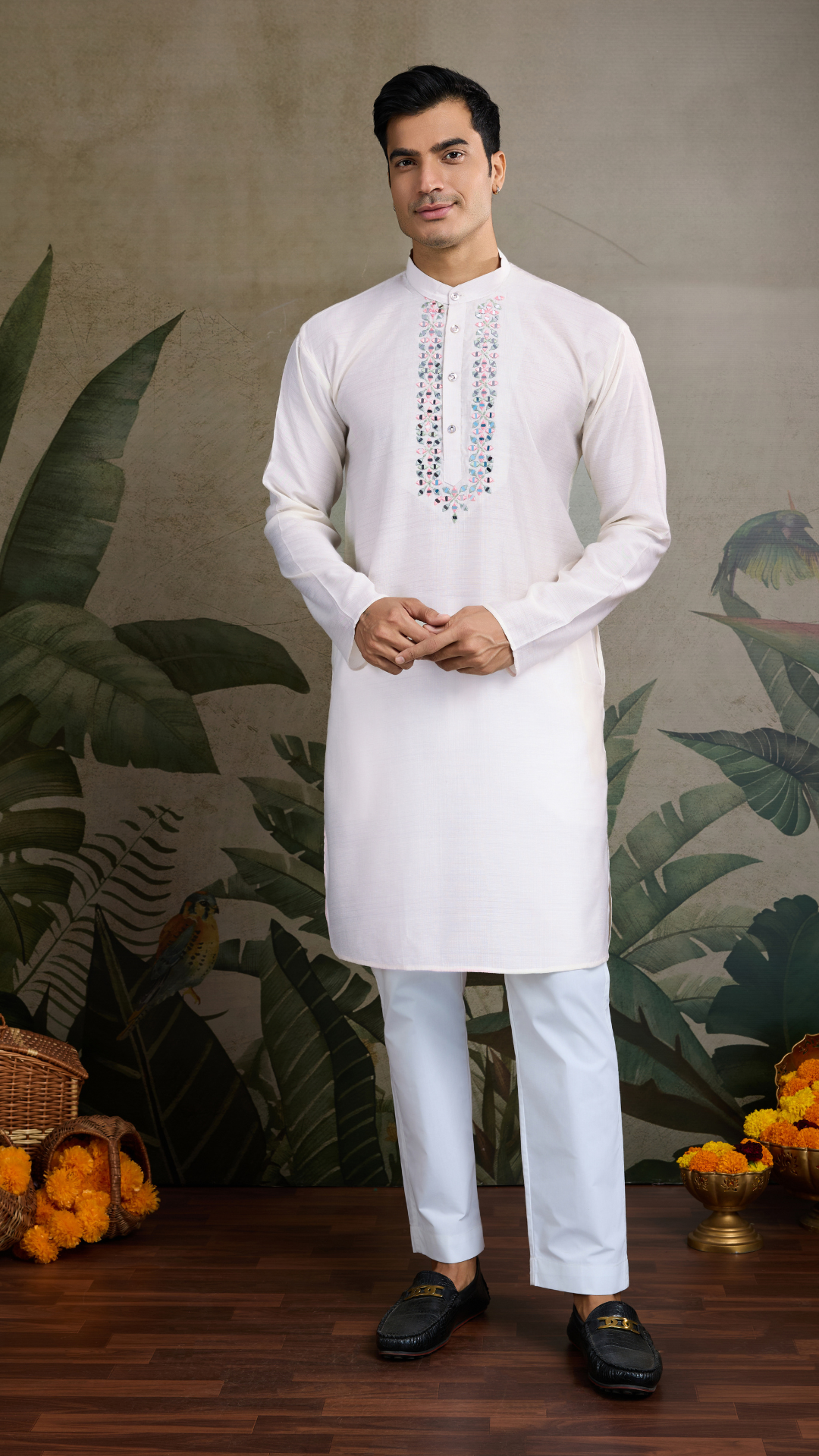 Off-White Roman Silk Kurta with Jacquard Open Koti Set