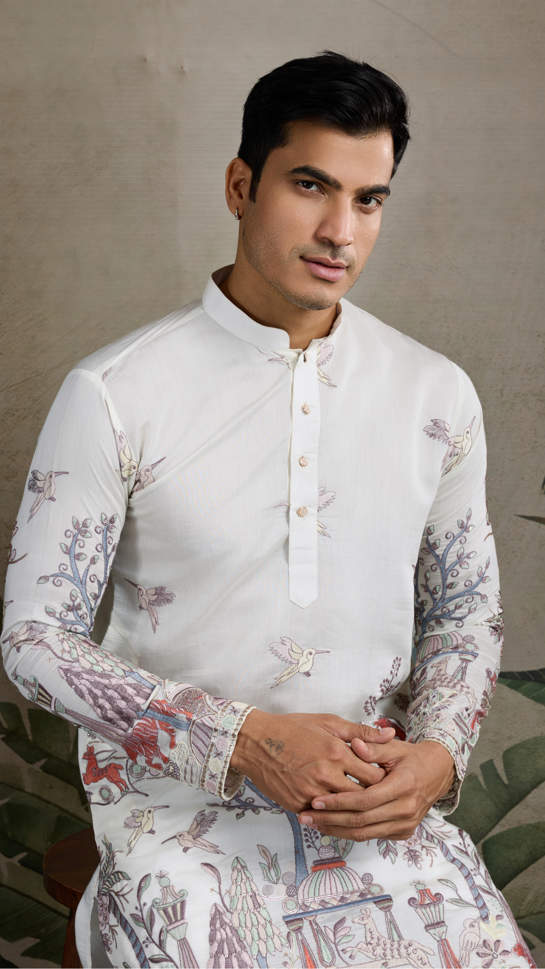 Designer White Silk printed kurta for men