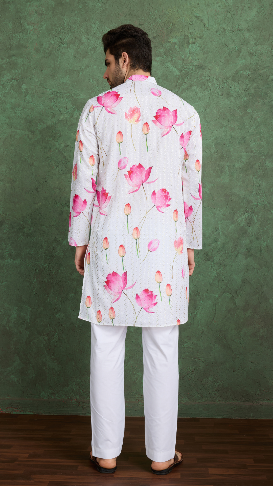 Ethnic Style White & Pink Designer Kurta for Men