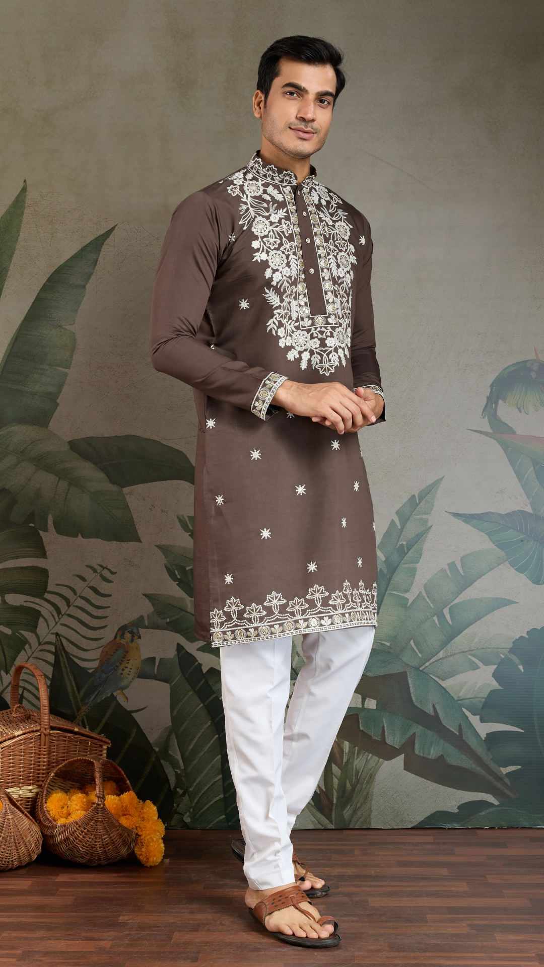 Wedding Functions Chocolate Gray Embroidered Kurta