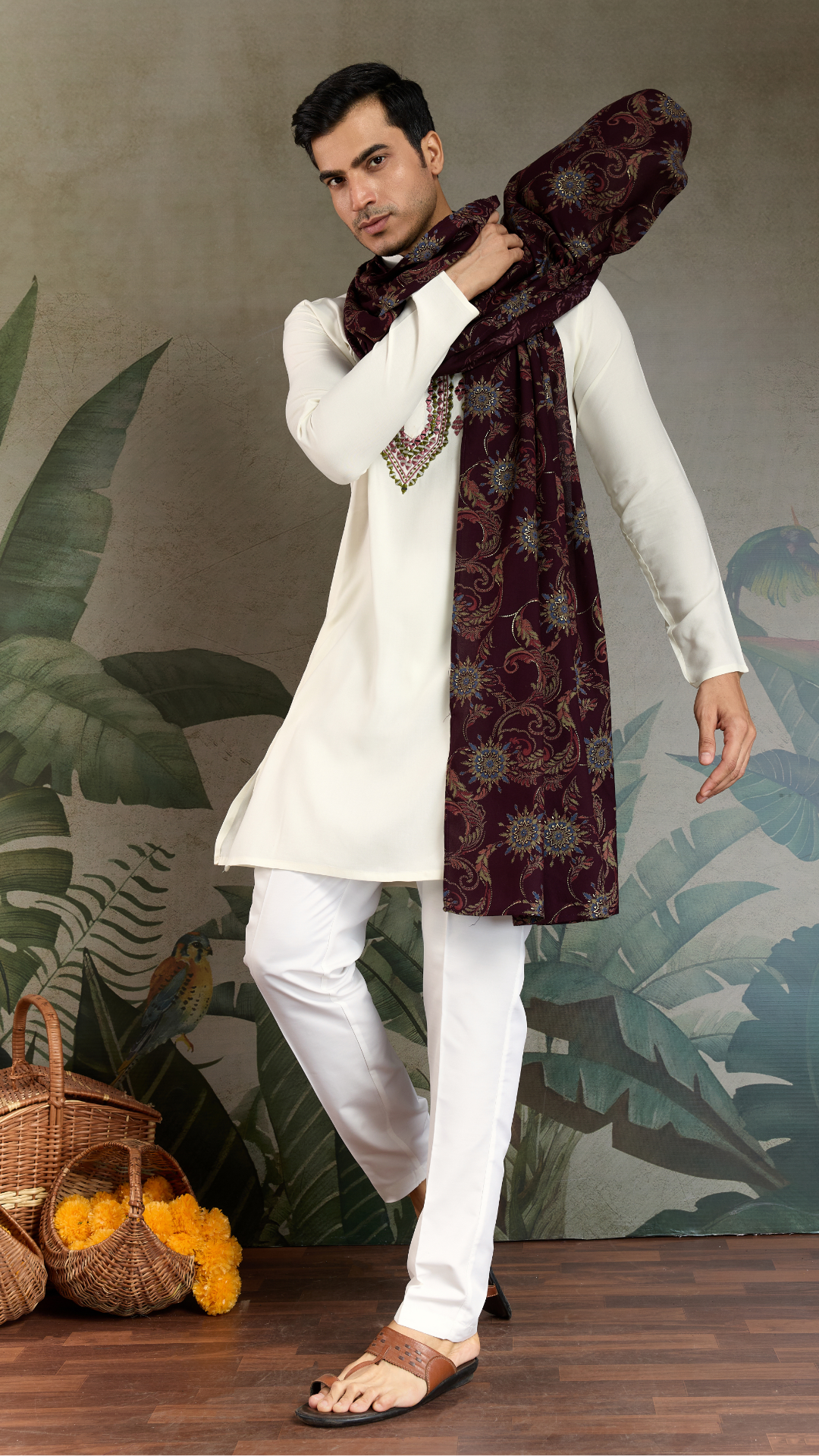 Wedding Special White Mirror Work Kurta with Dupatta for Men