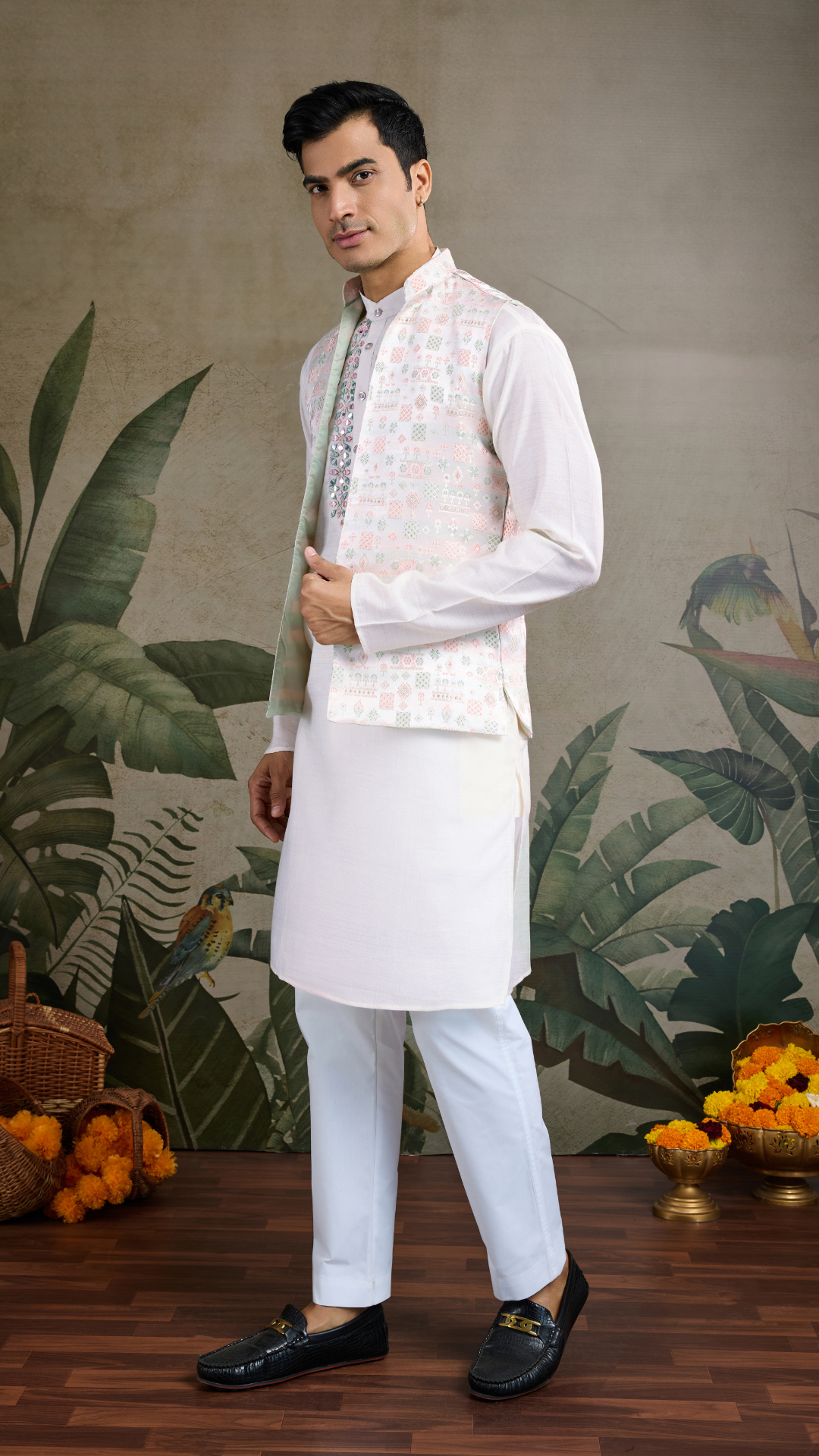 Off-White Roman Silk Kurta with Jacquard Open Koti Set