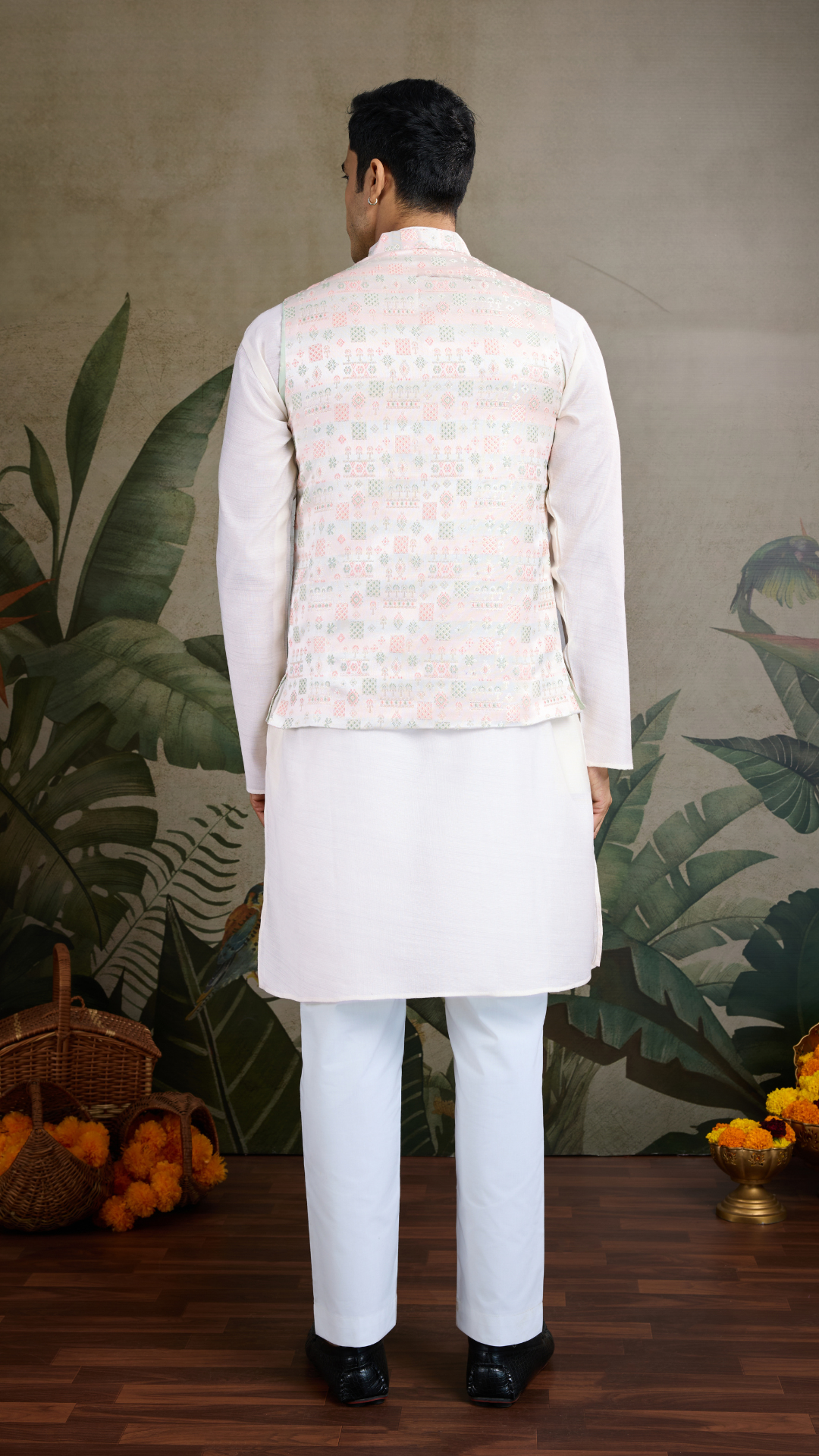 Off-White Roman Silk Kurta with Jacquard Open Koti Set