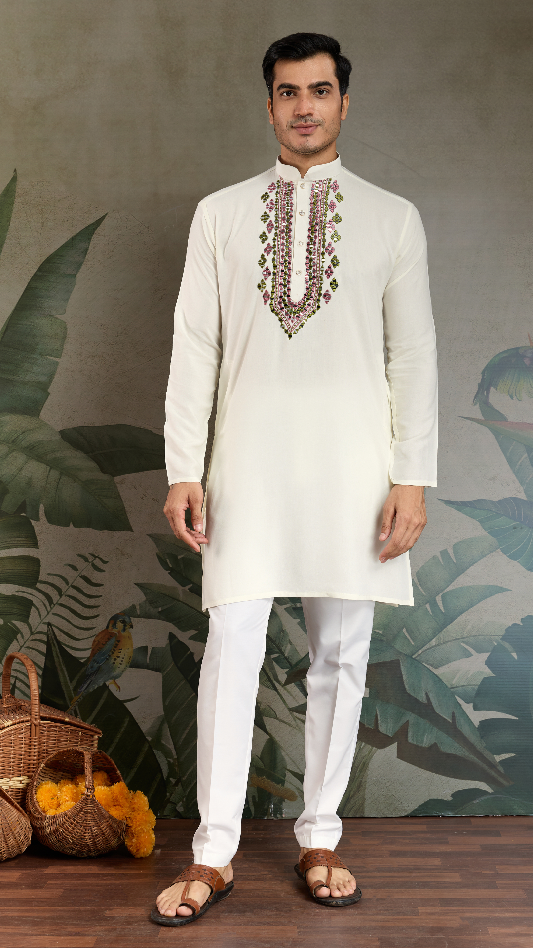 Wedding Special White Mirror Work Kurta with Dupatta for Men