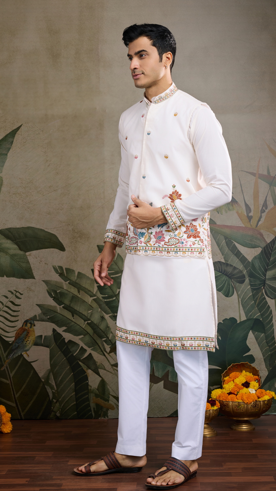 Designer White Cotton Kurta with Embroidered Koti