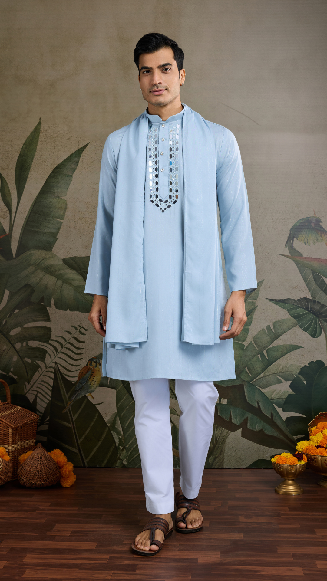 Sky Blue Designer Men's Kurta with Real Mirror Work