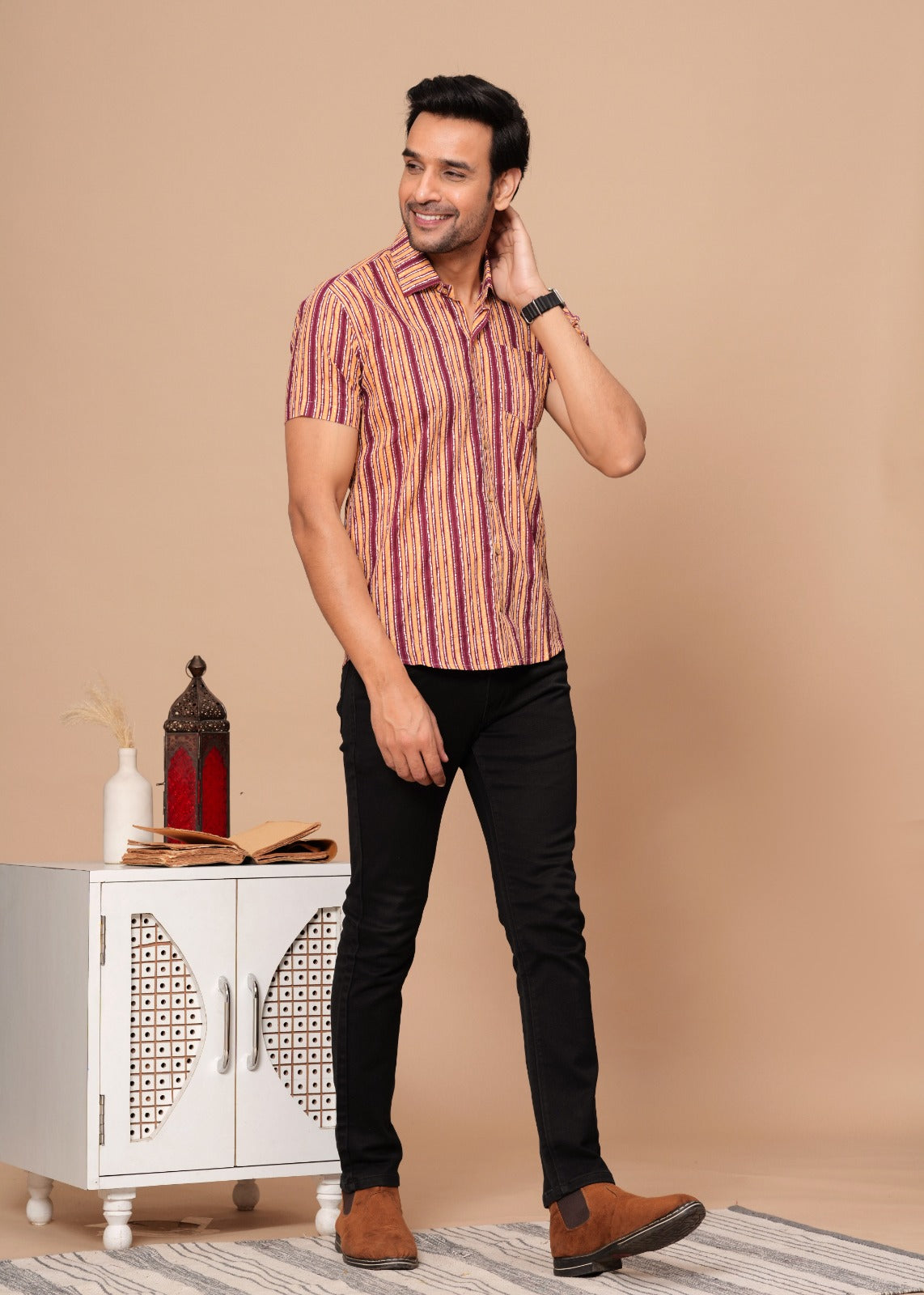 MAROON STRIPED HANDBLOCK PRINTED SHIRT