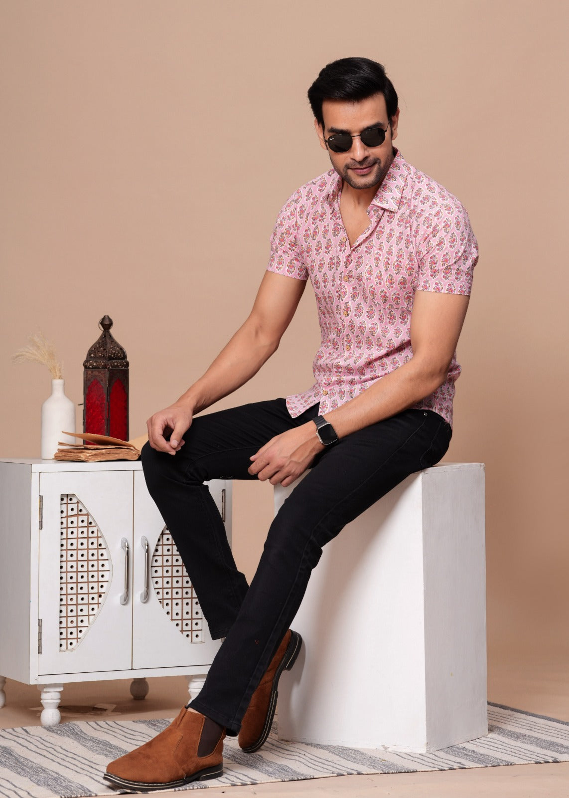 BABY PINK HANDBLOCK PRINTED SHIRT