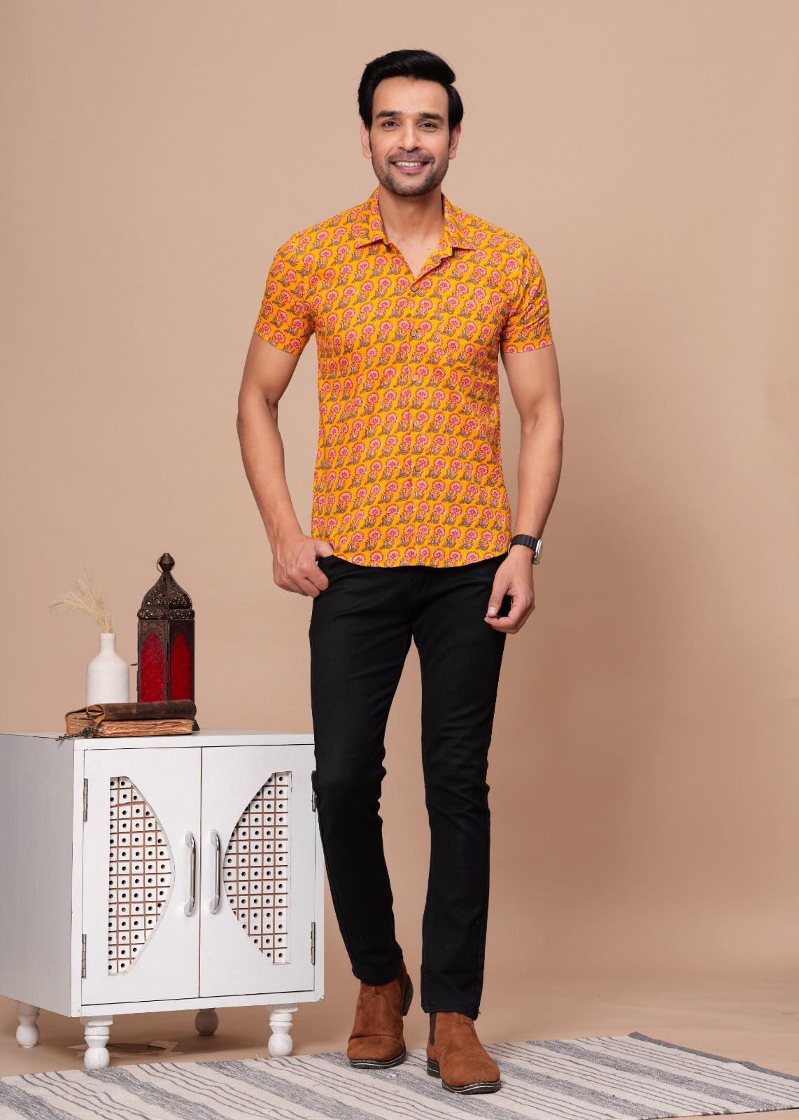 MUSTARD HANDBLOCK PRINTED SHIRT