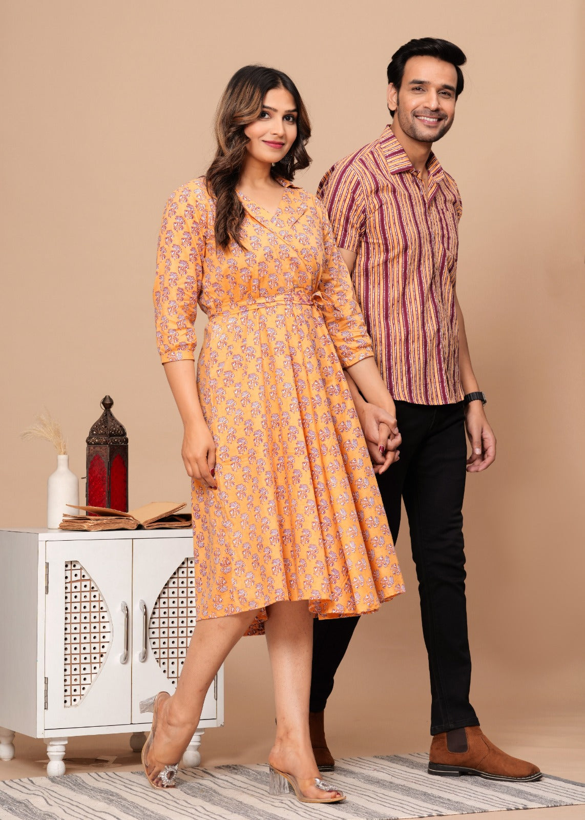 MAROON AND MUSTARD HANDBLOCK PRINTED SHIRT AND DRESS