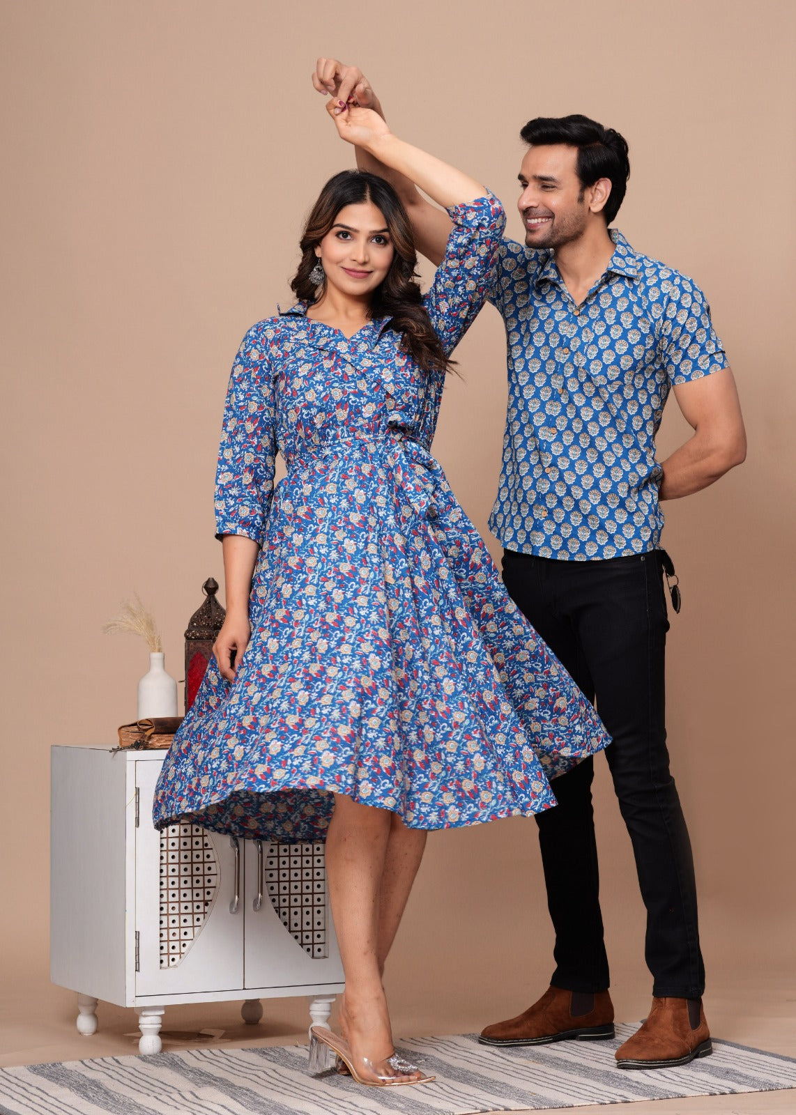 BLUE FLORALHANDBLOCK PRINTED SHIRT AND DRESS