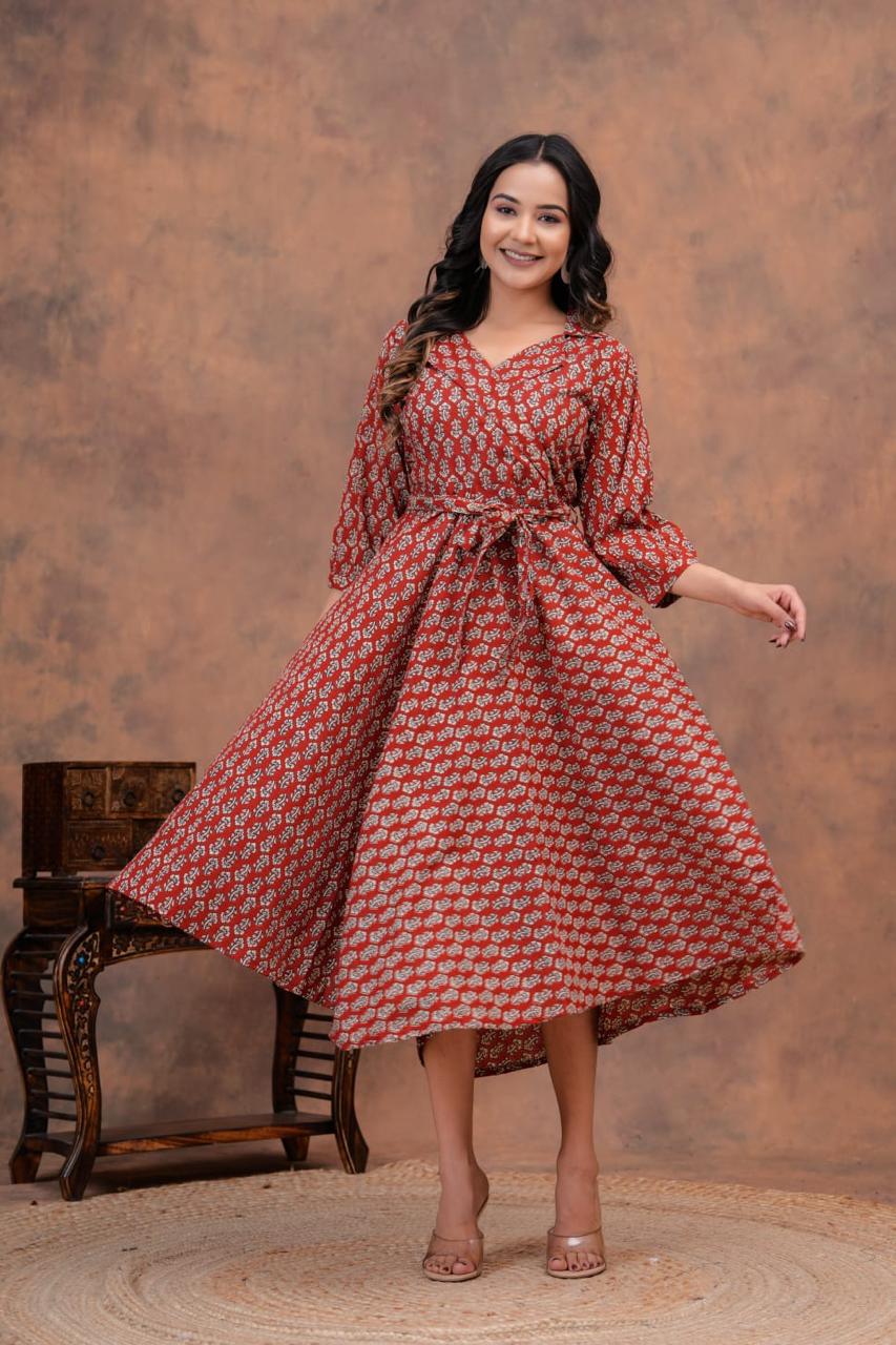 RED HANDBLOCK PRINTED DRESS