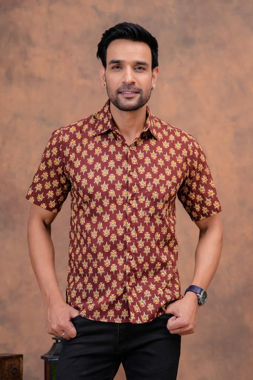 MUD BROWN HANDBLOCK PRINTED SHIRT