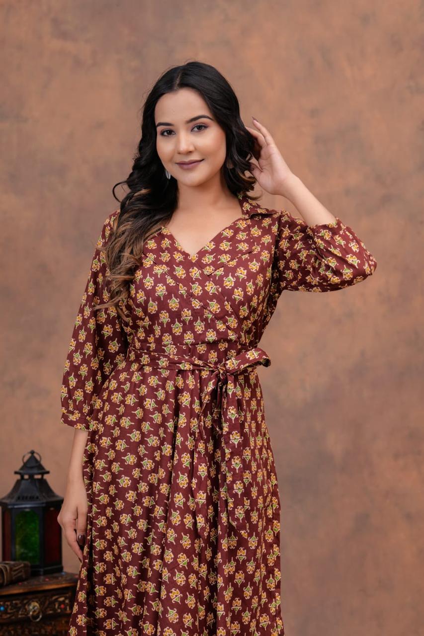 MUD BROWN HANDBLOCK PRINTED DRESS