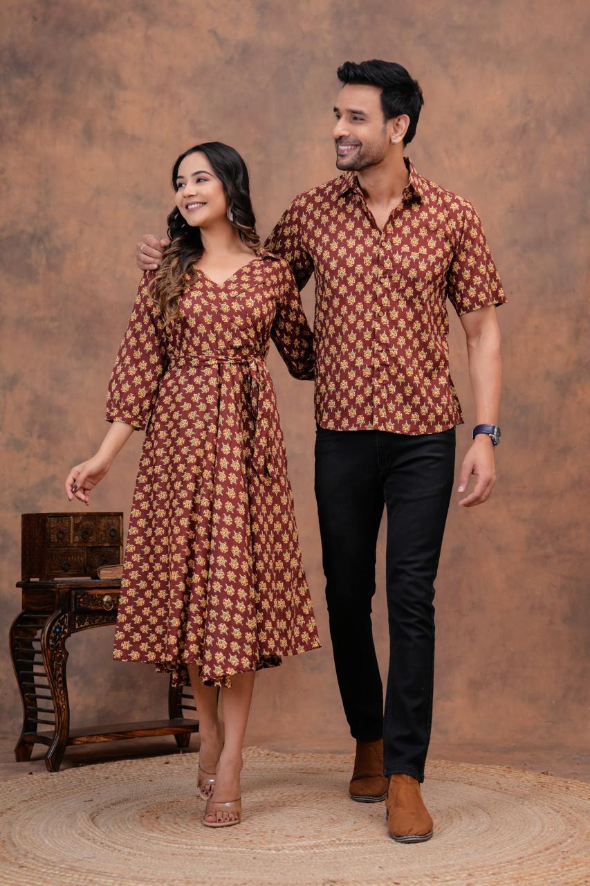 MUD BROWN HANDBLOCK PRINTED SHIRT AND DRESS