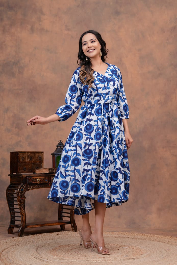 INDIGO HANDBLOCK PRINTED DRESS