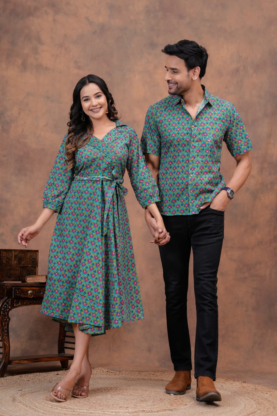 TURQOUISE HANDBLOCK PRINTED SHIRT AND DRESS