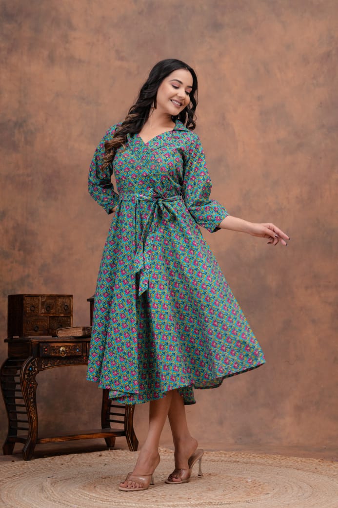 TURQOUISE HANDBLOCK PRINTED DRESS
