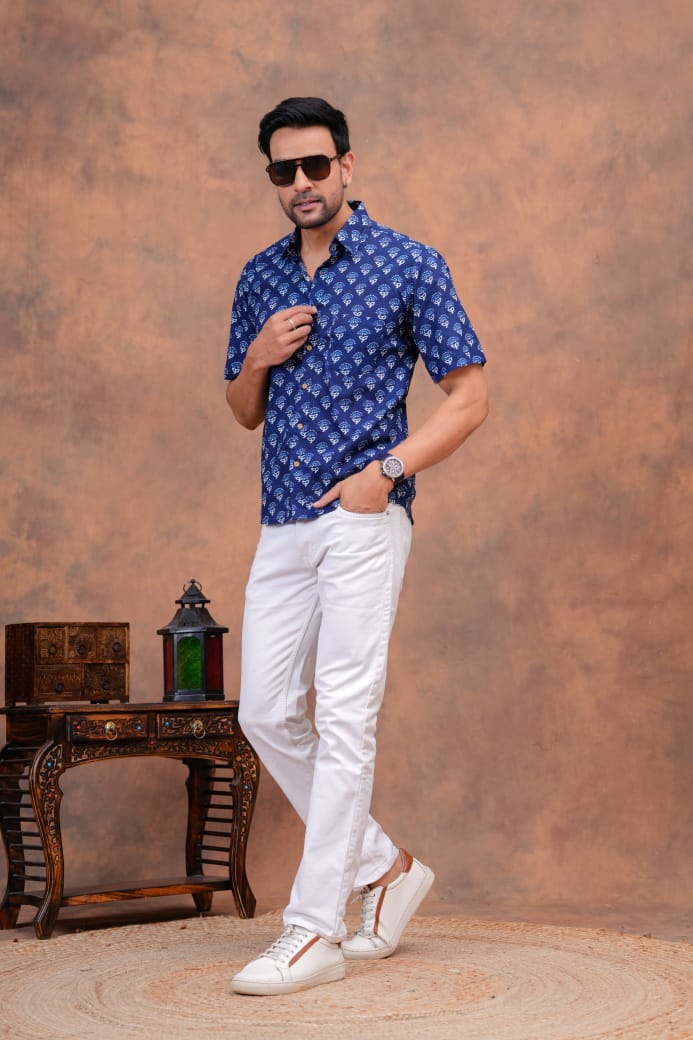 BLUE BAGRU HANDBLOCK PRINTED SHIRT