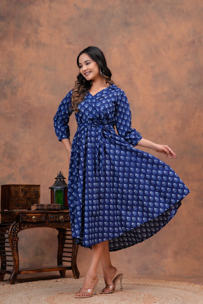 BLUE BAGRU HANDBLOCK PRINTED DRESS