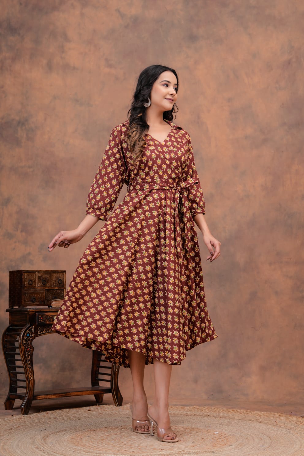 MUD BROWN HANDBLOCK PRINTED DRESS