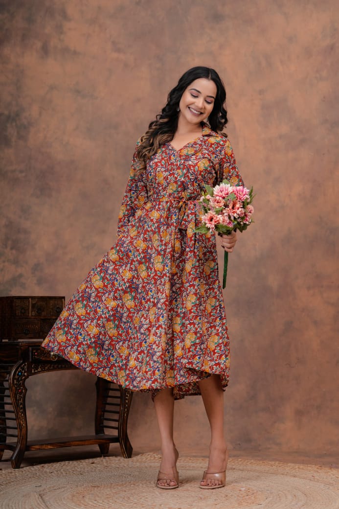 KALAMKARI FLORAL HANDBLOCK PRINTED DRESS