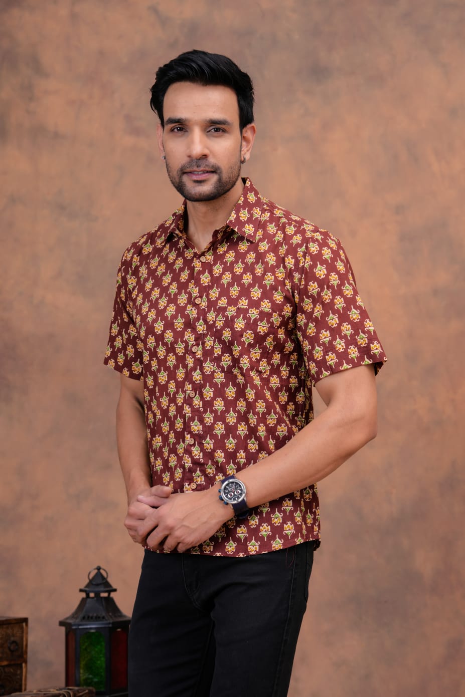 MUD BROWN HANDBLOCK PRINTED SHIRT