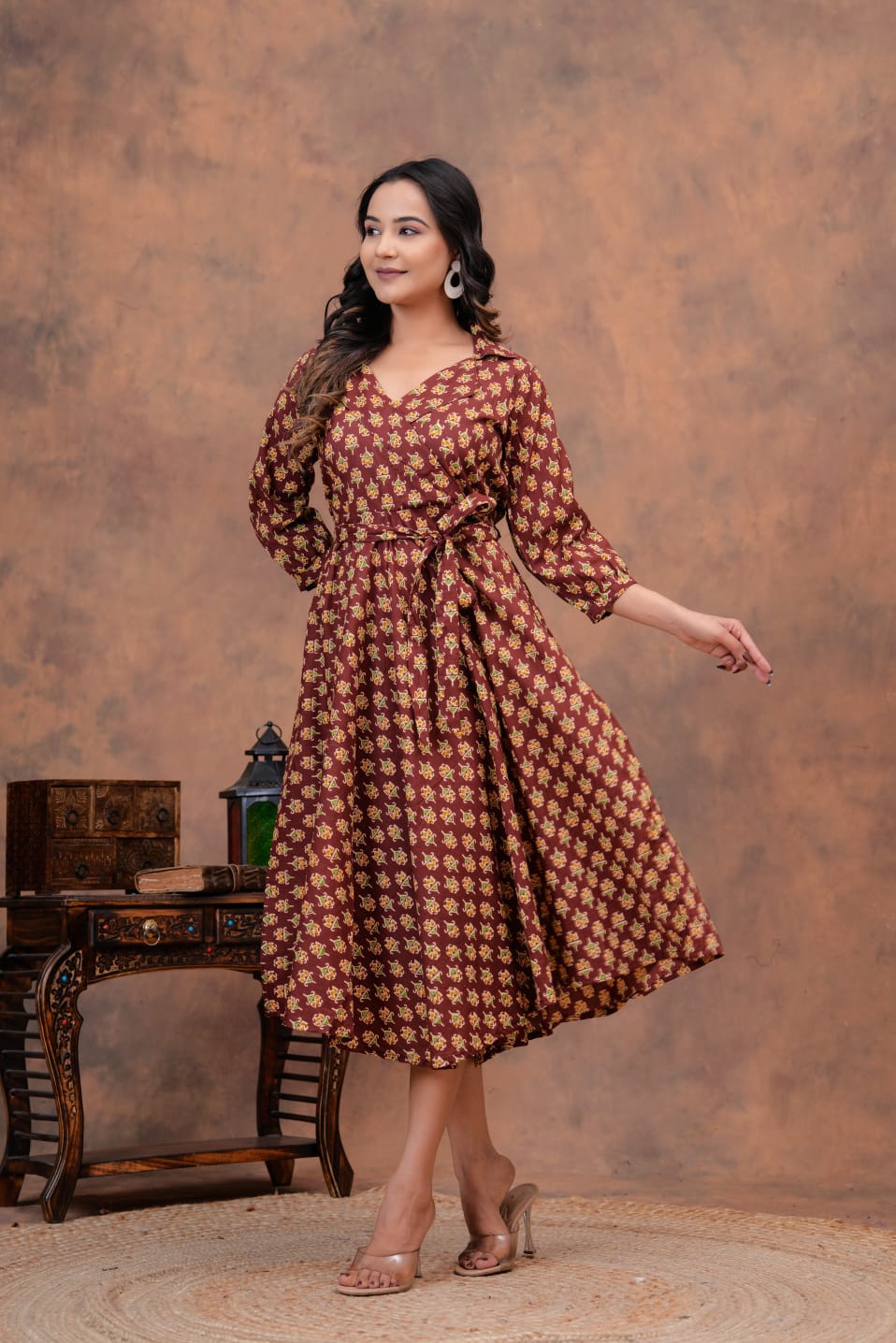 MUD BROWN HANDBLOCK PRINTED DRESS