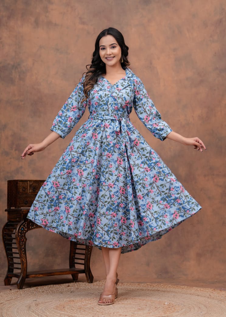 FLORAL HANDBLOCK PRINTED DRESS