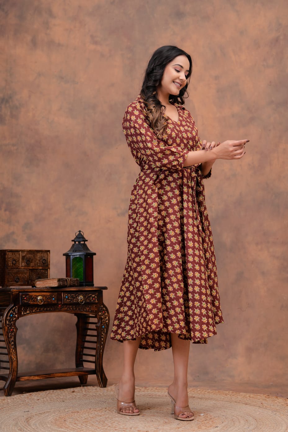 MUD BROWN HANDBLOCK PRINTED DRESS