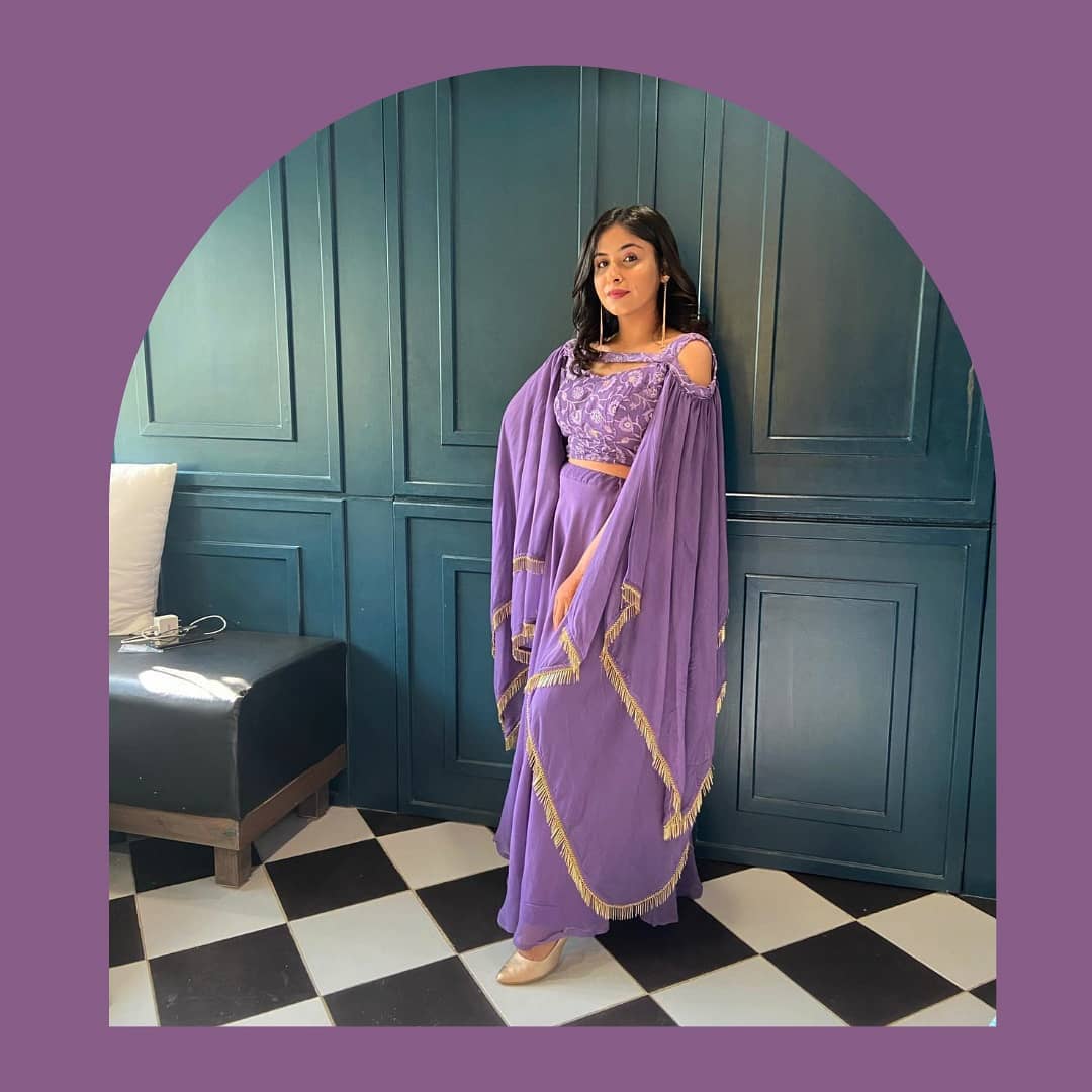 Purple cold shoulder lehnga set