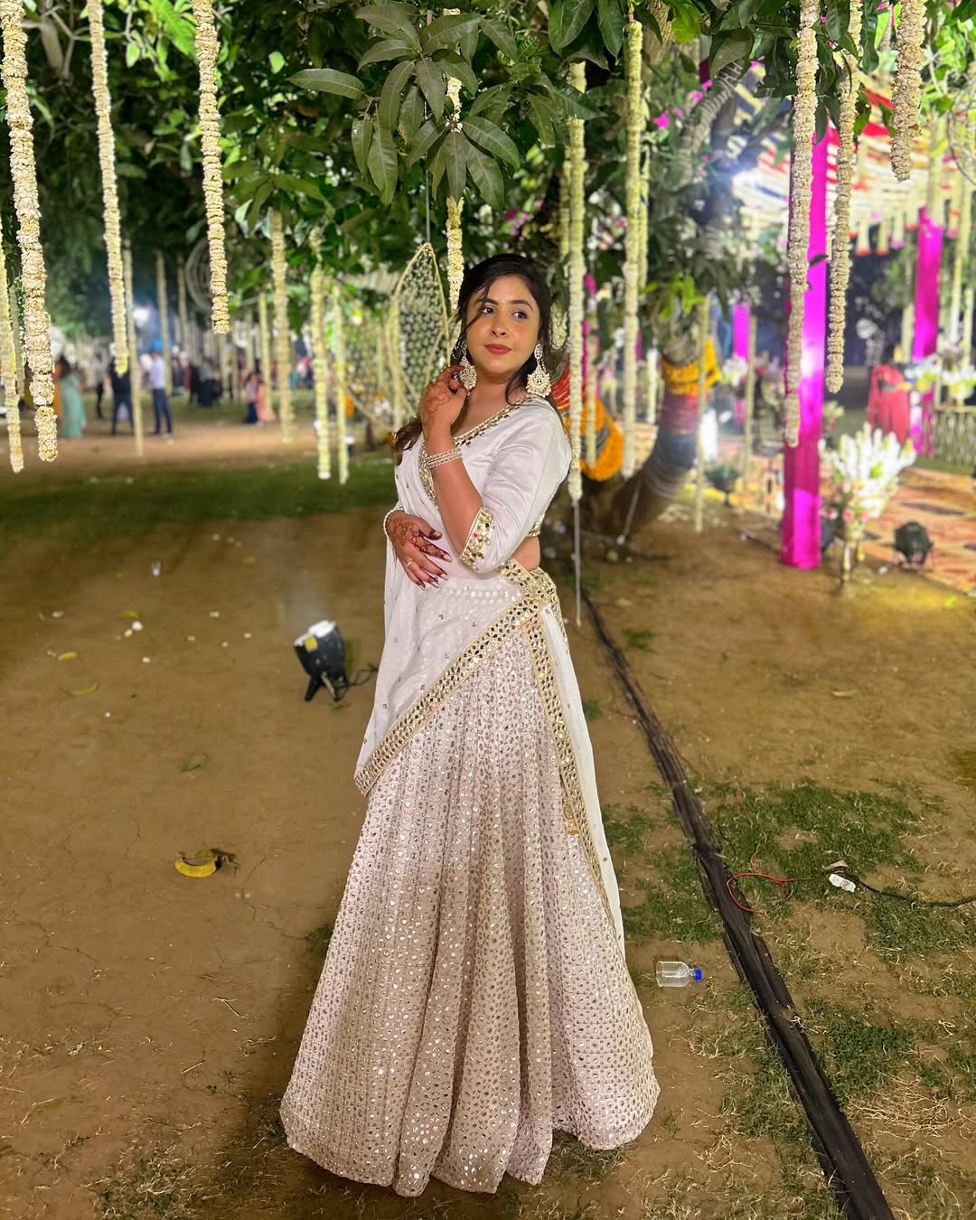 White mirror work lehnga set