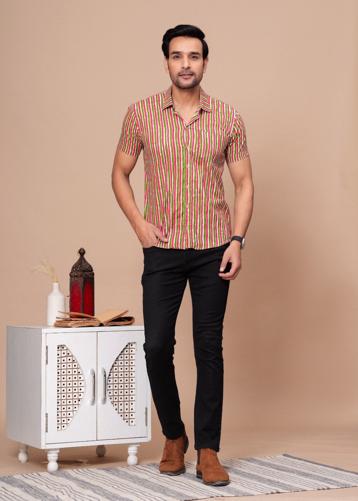 GREEN STRIPED HANDBLOCK PRINTED SHIRT