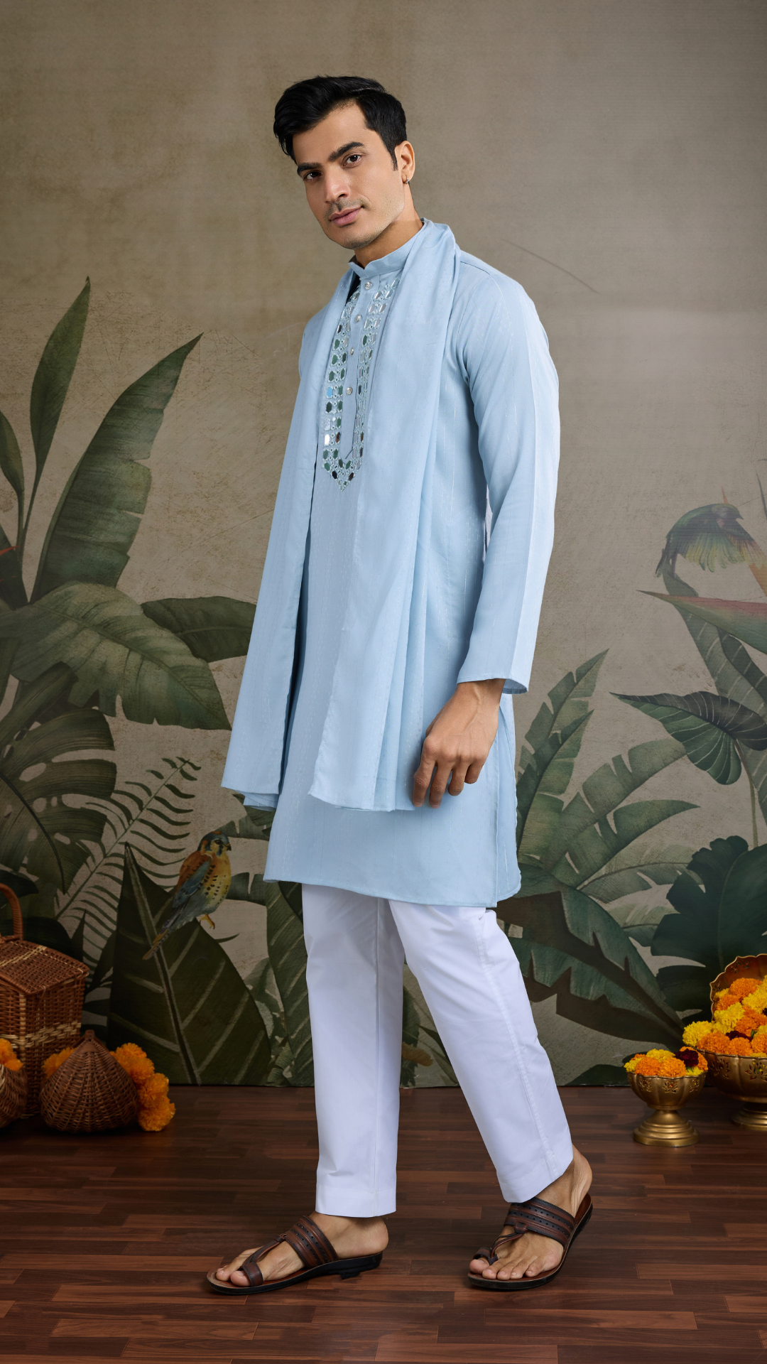 Sky Blue Designer Men's Kurta with Real Mirror Work