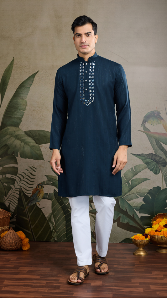 Teal Blue Viscose Rayon Kurta with Mirror Work