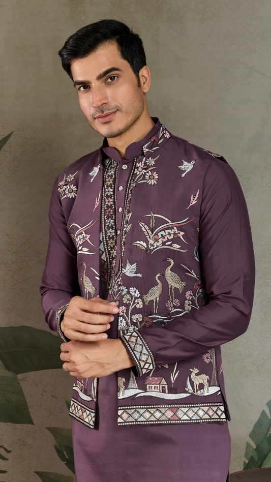 Rust Purple Open Koti Style Kurta Pajama Set for Men