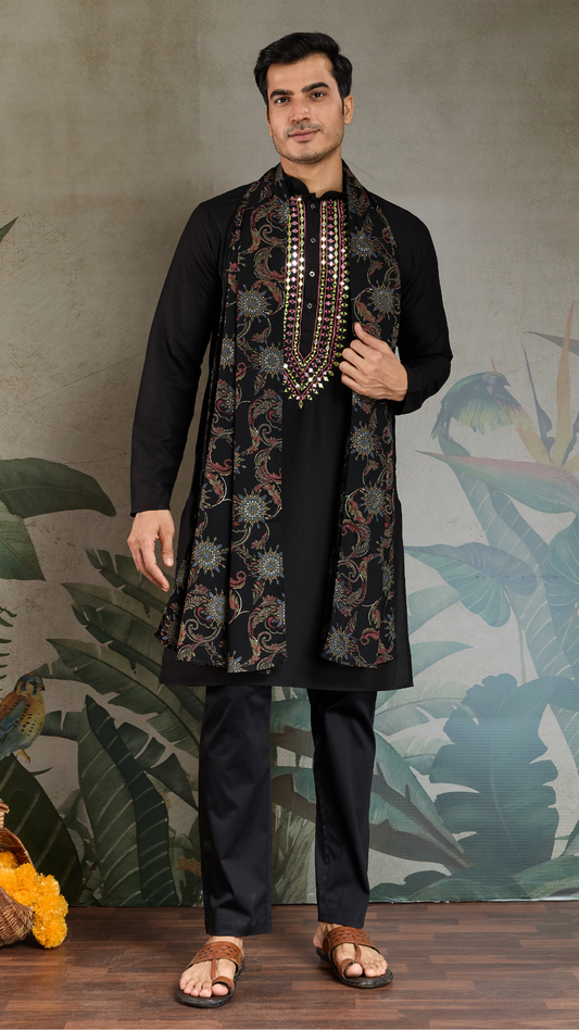 Royal Black Mirror Kurta with Dupatta Set for Wedding Functions