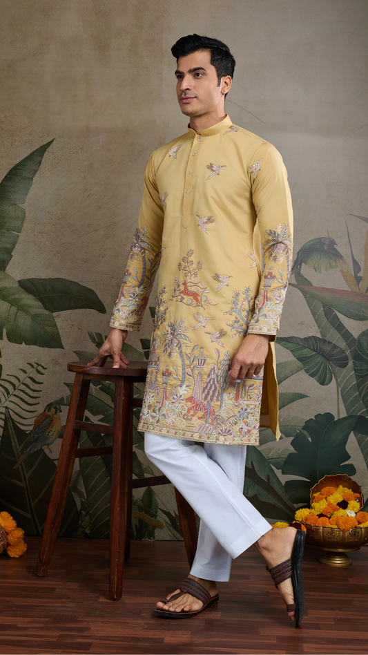 Yellow Viscose Silk Mens kurta for haldi ceremony