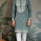 Pastel Pista Viscose Silk Embroidered Kurta for Men