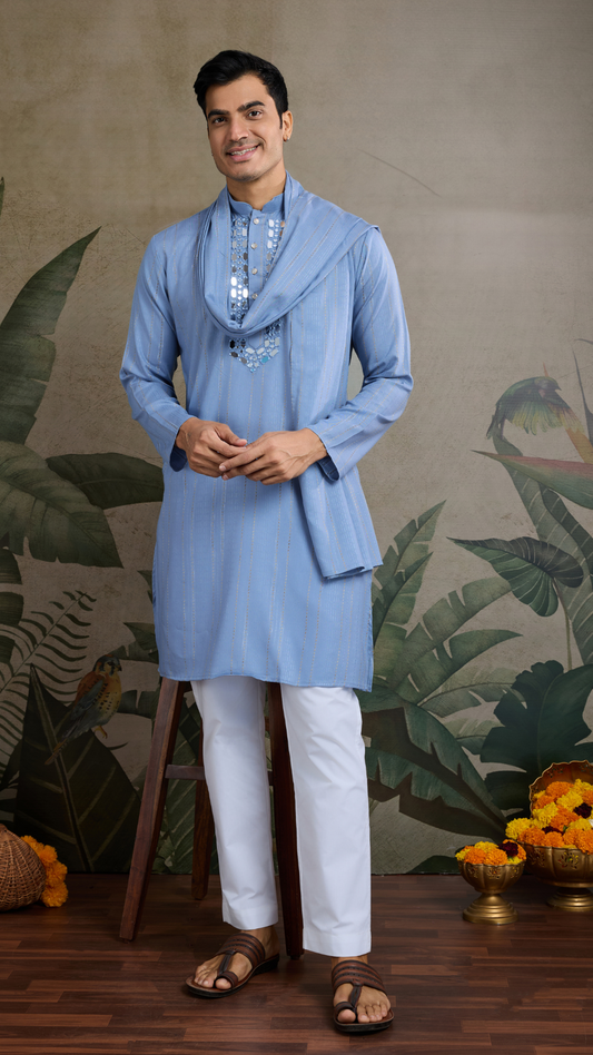 Light Blue Mirror Work Kurta – Elegant & Stylish