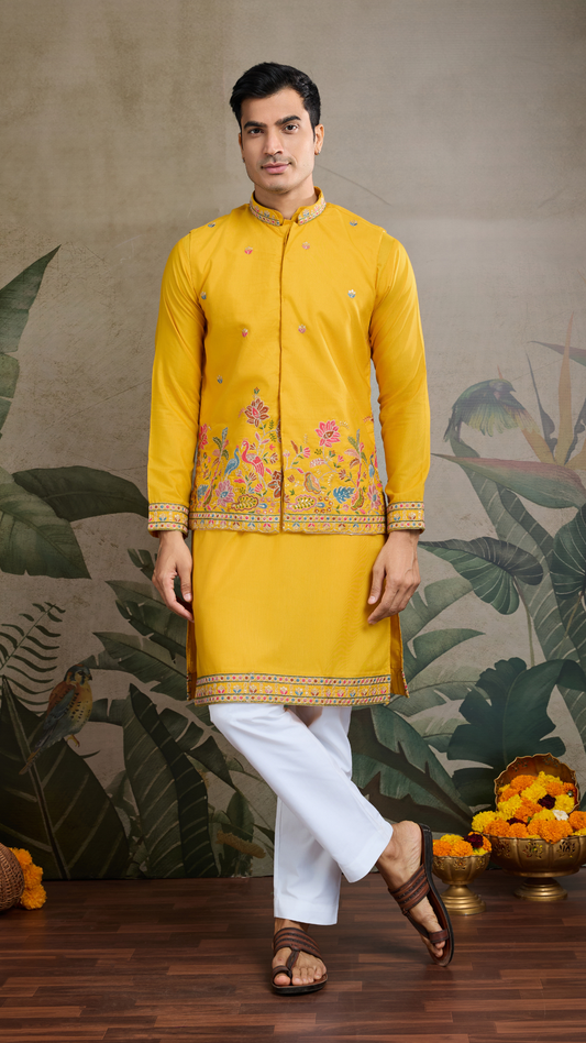 Designer Yellow Cotton Kurta with Koti Jacket Online