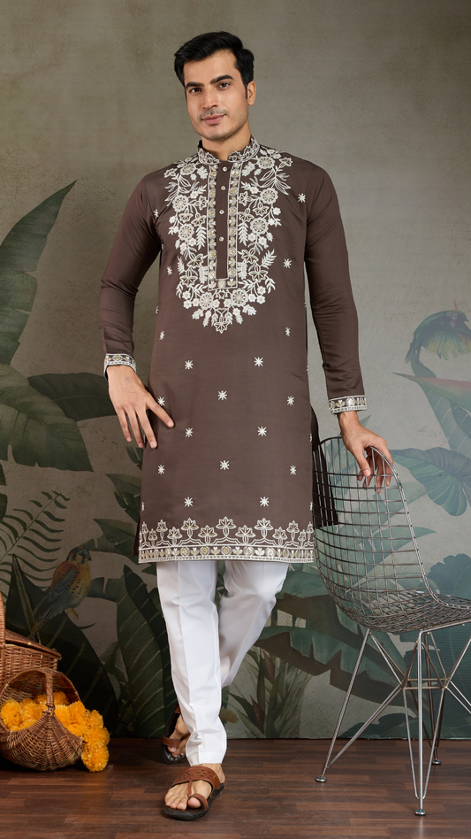 Wedding Functions Chocolate Gray Embroidered Kurta