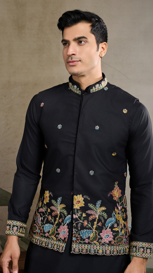Designer Black Kurta with Embroidered Koti – Elegant Style