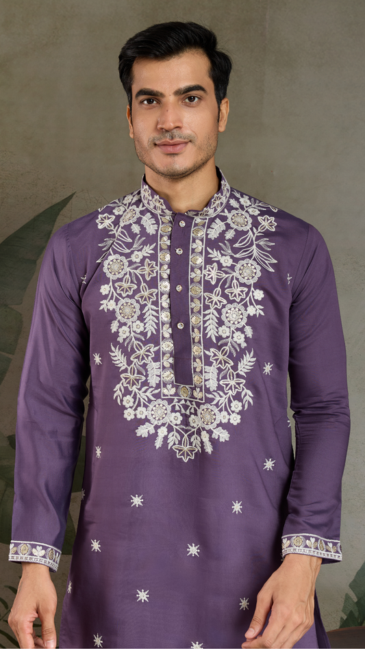 Pastel Purple Embroidered Viscose Silk Kurta Set