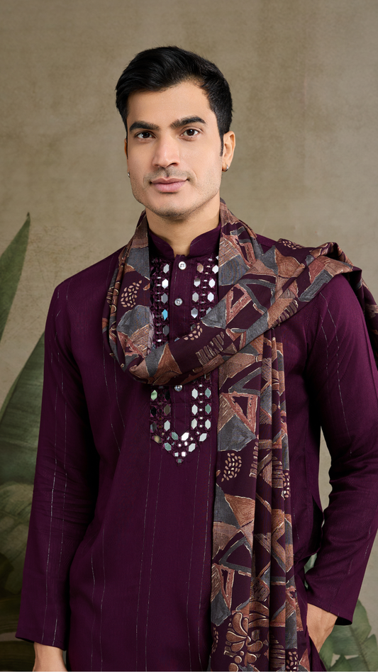 Purple Viscose Rayon Kurta with Jari & Mirror Work