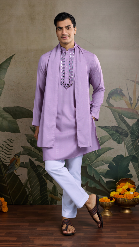 Dusty Pink Mirror Work Kurta for Men - Designer Wear