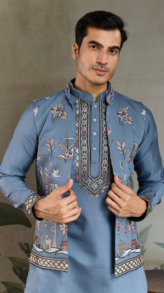 Blue Gray Open Koti Style Full Kurta Pajama Set for Men