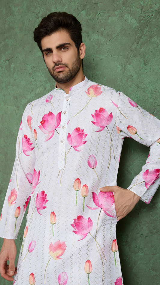  Ethnic Style White & Pink Designer Kurta for Men